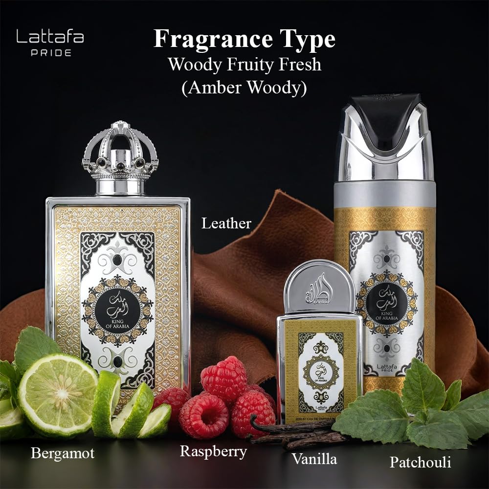 Lattafa Set Lattafa Pride King Of Arabia 4Pzs 100Ml Edp Spray/ Desodorante Spray 200Ml/ 20Ml Edp Spray/ Perfumero Rellenable - Hombre