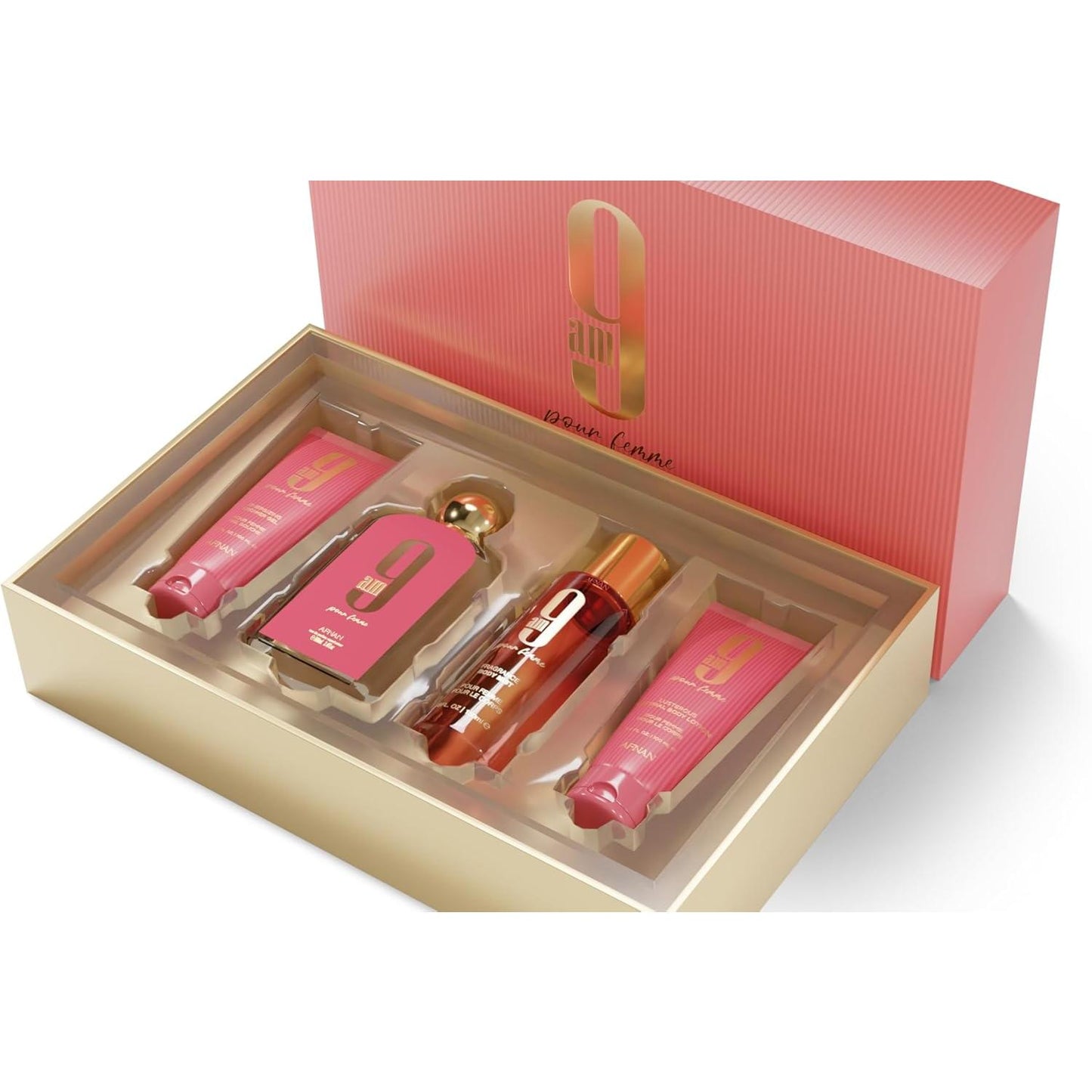 Afnan Set 9am Pour Femme Dama 4 Piezas - Regalo de Perfumería para Mujer con 4 Artículos Esenciales