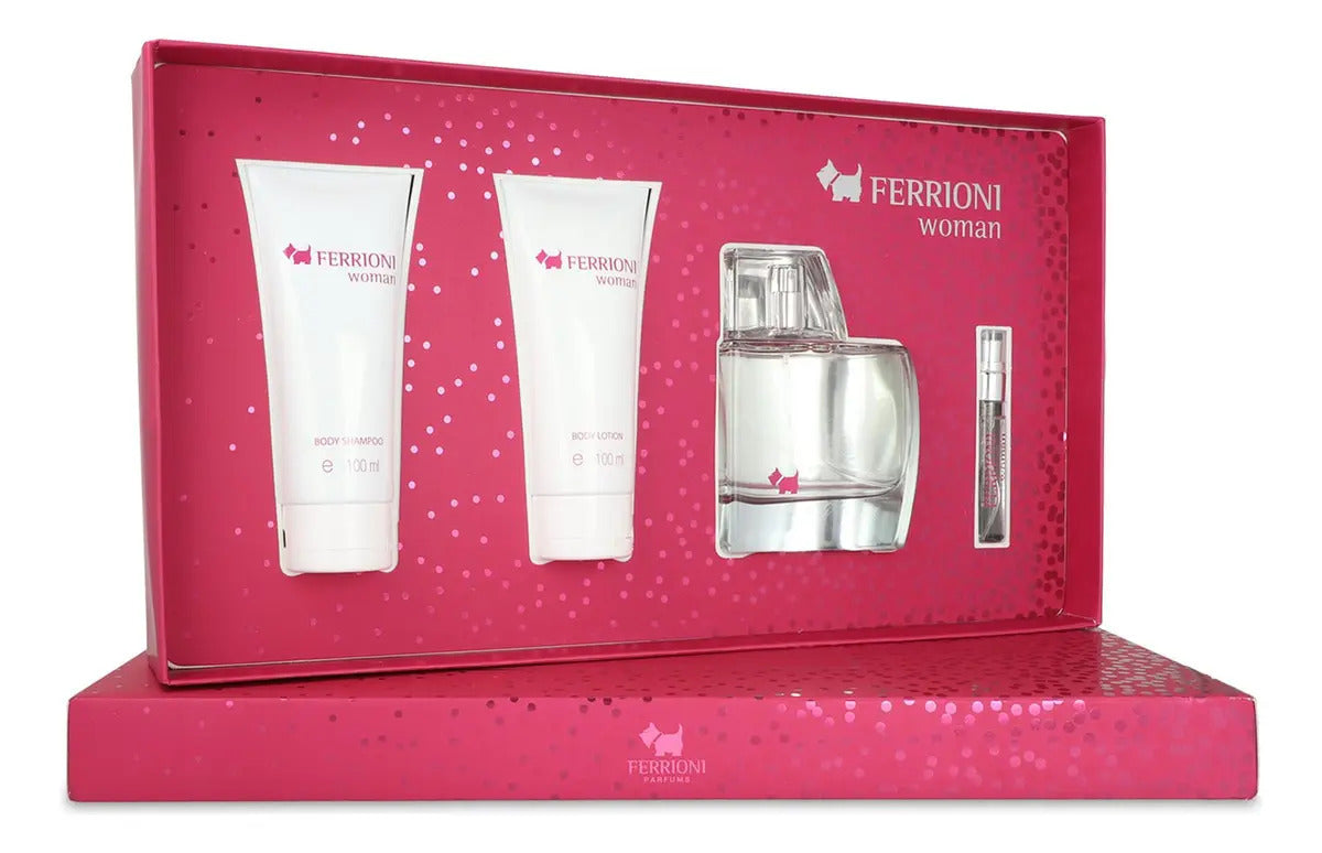 Set Ferrioni Woman 4Pzs 100Ml Edp Spray/ Body Lotion 100Ml/ Body Shampoo 100Ml/ 10Ml Edp Spray - Mujer