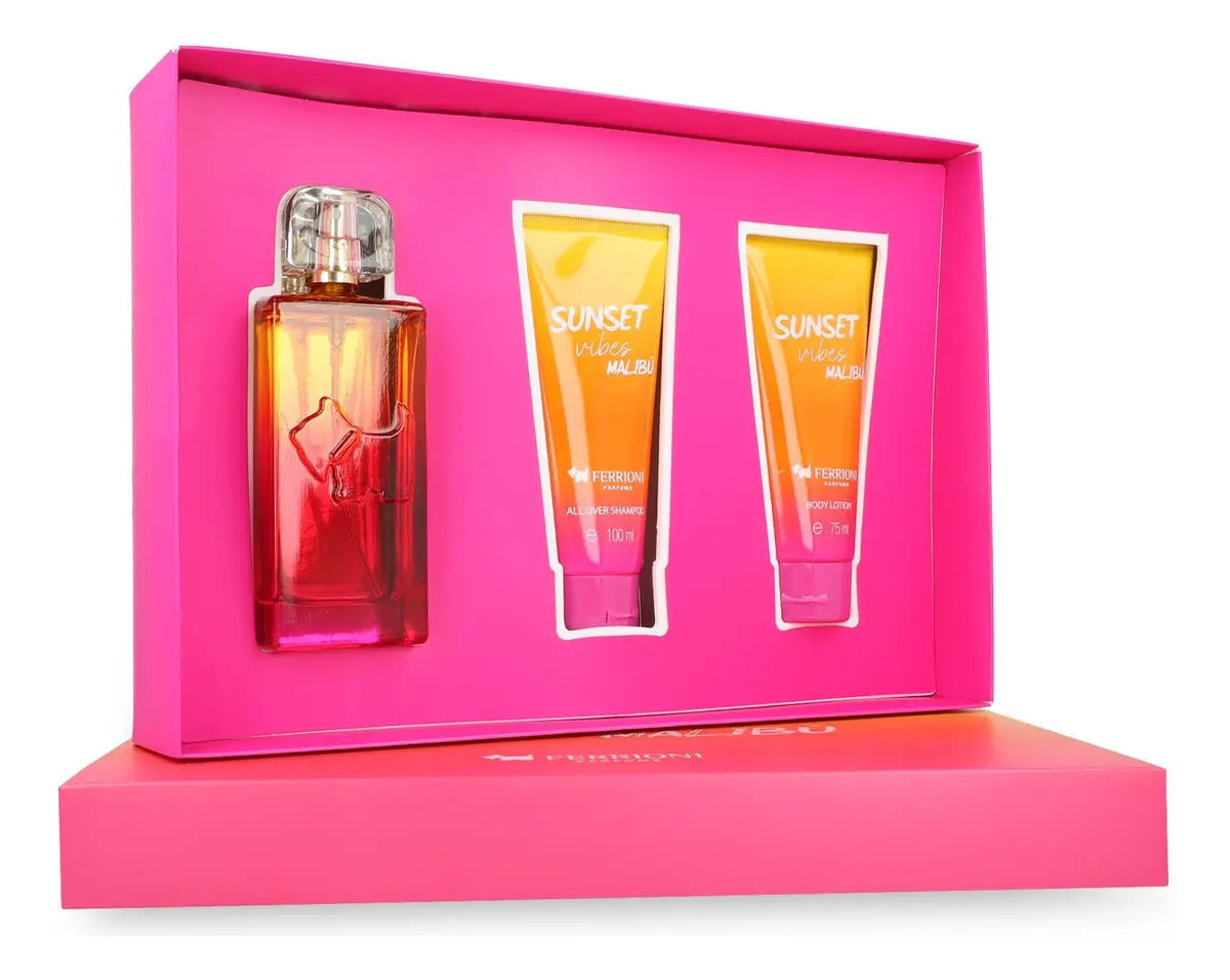 Set Ferrioni Sunset Vibes Malibu 3Pzs 100Ml Edt Spray/ Body Shampoo 100Ml/ Body Lotion 75Ml - Mujer