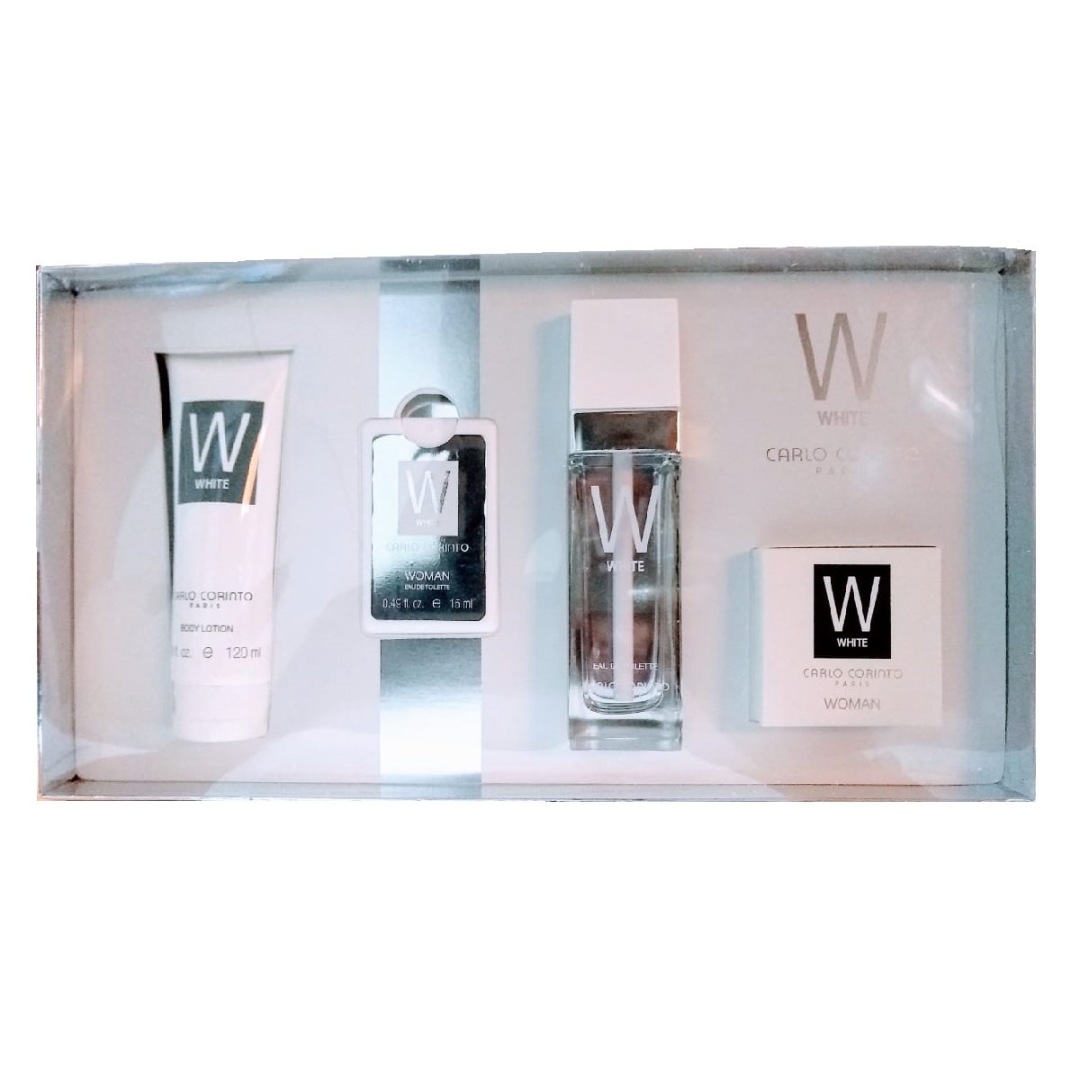 Set Carlo Corinto White Dama Carlo Corinto 4 pz (100 ml edt, loción, jabón, miniatura) - PriceOnLine