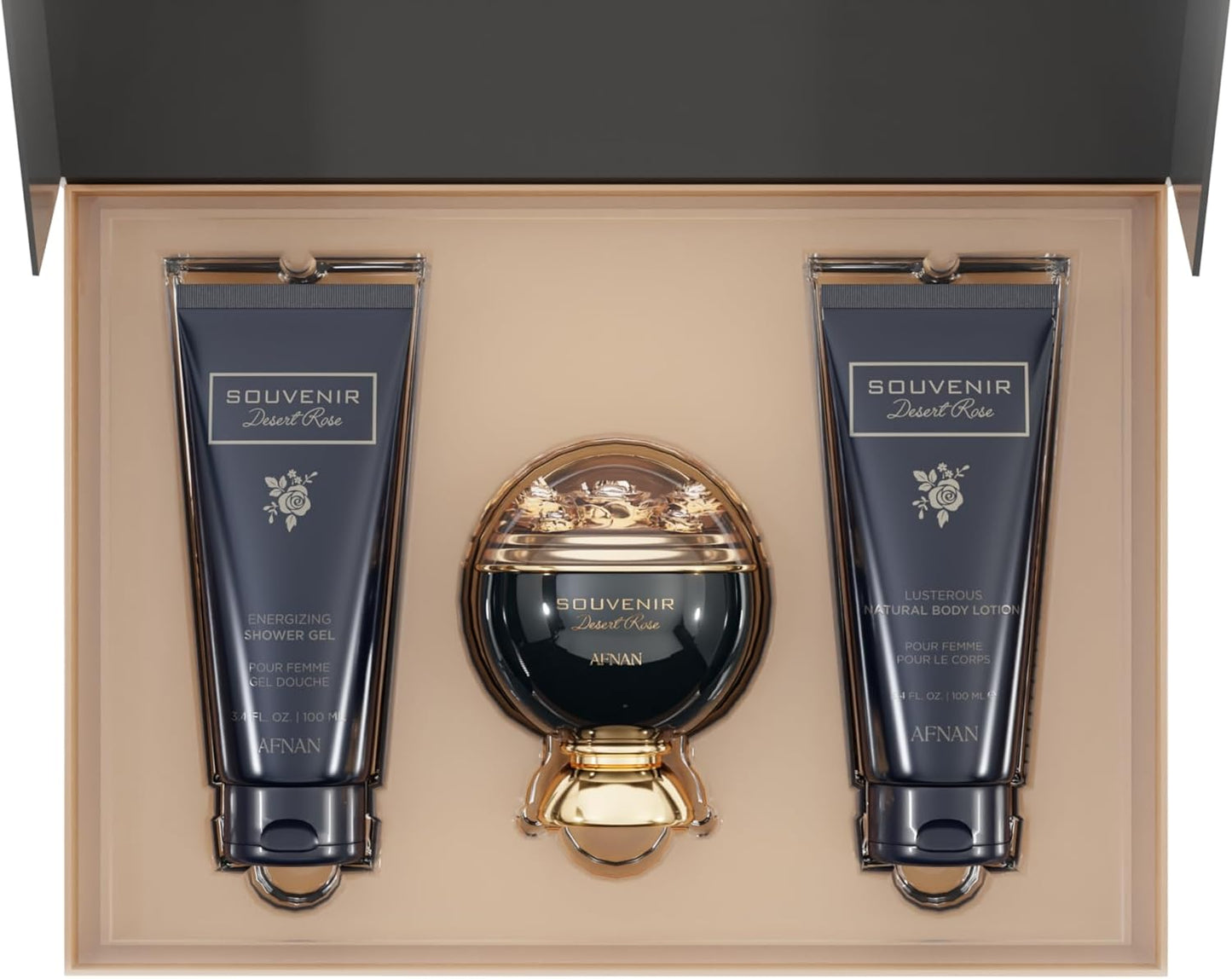 Set Afnan Souvenir Desert Rose 3Pzs 100Ml Edp Spray/ Body Lotion 100Ml/ Shower Gel 100Ml - Mujer