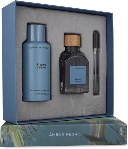 Set Ambar Negro Adolfo Dominguez 3 Pz - 120 ml Edp Spray / Desodorante 150 ml Spray / 10 ml Edp Spray - Hombre