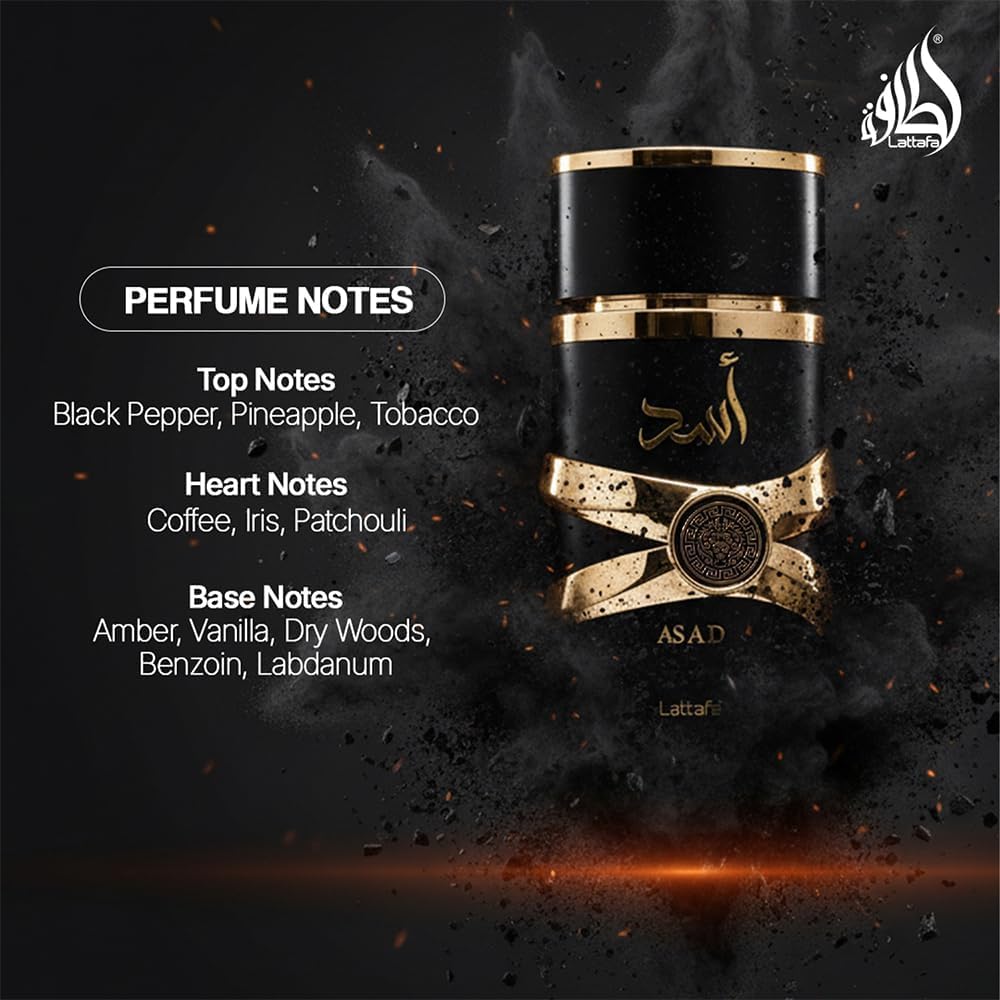 Lattafa Asad 100 ml Edp Spray para Hombre - Fragancia Ámbar con Notas Especiadas Vainilla y Clavo de Olor
