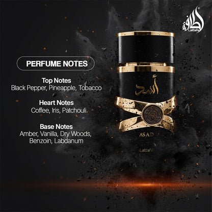 Lattafa Asad 100 ml Edp Spray para Hombre - Fragancia Ámbar con Notas Especiadas Vainilla y Clavo de Olor