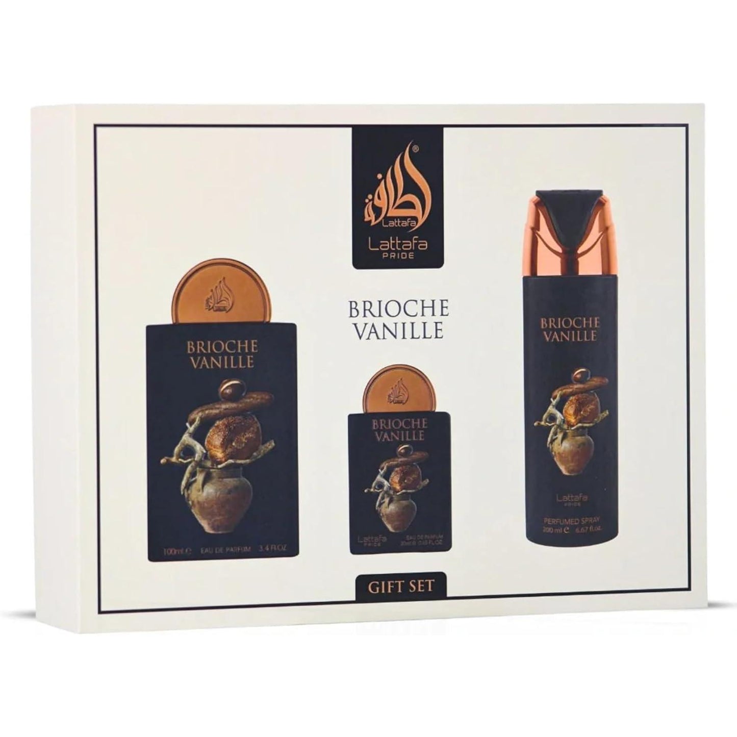 Set Lattafa Pride Brioche Vanille 4Pzs 100Ml Edp Spray/ Desodorante Spray 200Ml/ 20Ml Edp Spray/ Perfumero Rellenable - Unisex