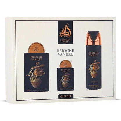 Set Lattafa Pride Brioche Vanille 4Pzs 100Ml Edp Spray/ Desodorante Spray 200Ml/ 20Ml Edp Spray/ Perfumero Rellenable - Unisex