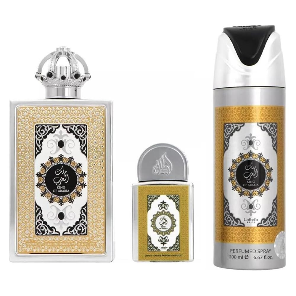 Lattafa Set Lattafa Pride King Of Arabia 4Pzs 100Ml Edp Spray/ Desodorante Spray 200Ml/ 20Ml Edp Spray/ Perfumero Rellenable - Hombre