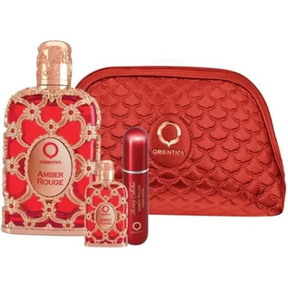 Set Orientica Luxury Collection Amber Rouge 4Pzs 80Ml Edp Spray/ Perfumero Rellenable / Bolso Pequeño/ 7.5Ml Edp - Unsex