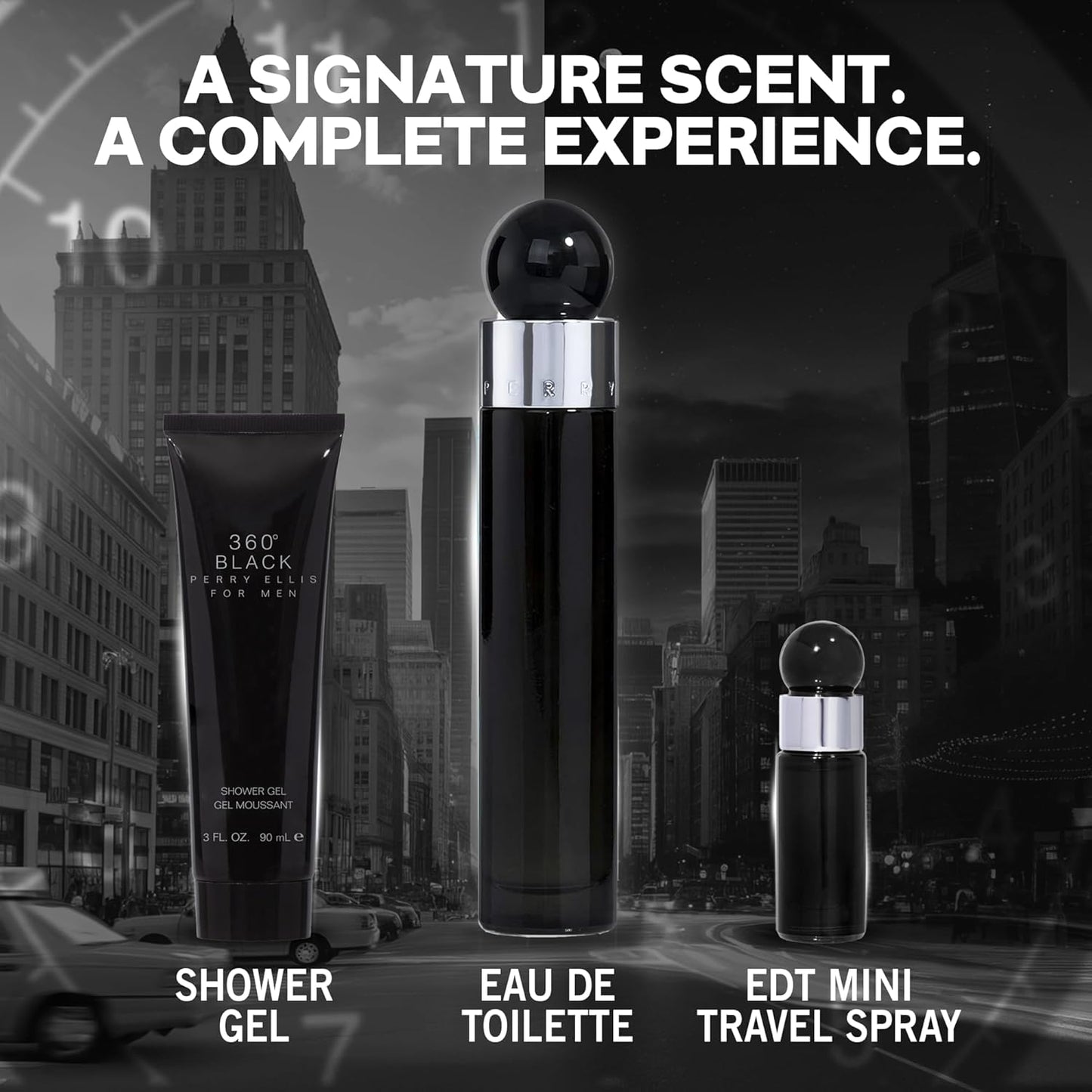 Perry Ellis Set 360 Black para Hombre - 3 Piezas - Perfume, Gel de Ducha y Miniatura - Regalo Deluxe