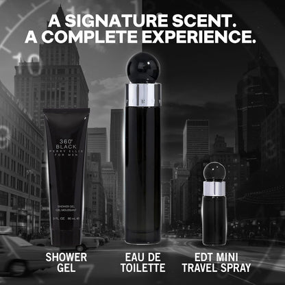 Perry Ellis Set 360 Black para Hombre - 3 Piezas - Perfume, Gel de Ducha y Miniatura - Regalo Deluxe