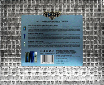 Set Cuba Prestige Platinum 3Pzs 90Ml Edt Spray/ Shower Gel 200Ml/ After Shave 100Ml Spray - Hombre