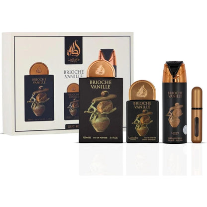 Set Lattafa Pride Brioche Vanille 4Pzs 100Ml Edp Spray/ Desodorante Spray 200Ml/ 20Ml Edp Spray/ Perfumero Rellenable - Unisex