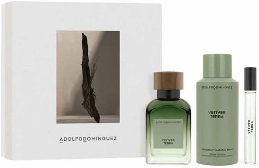 Set Adolfo Dominguez Vetiver Terra 3Pzs 120Ml Edp Spray/ Desodorante 150Ml Spray/ 10Ml Edp Spray - Hombre