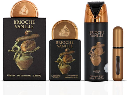 Set Lattafa Pride Brioche Vanille 4Pzs 100Ml Edp Spray/ Desodorante Spray 200Ml/ 20Ml Edp Spray/ Perfumero Rellenable - Unisex