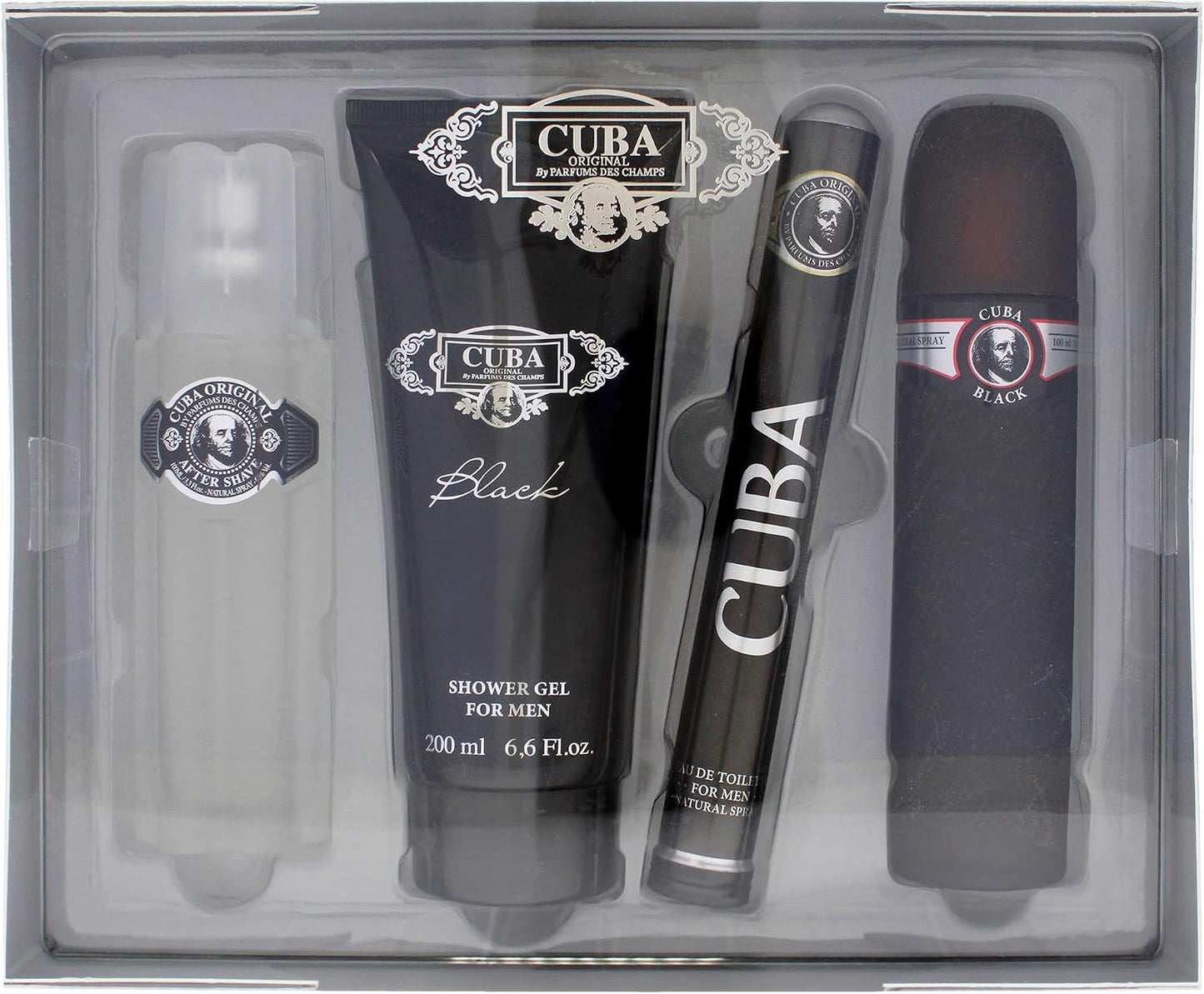 Cuba Paris Set Cuba Black Des Champs 4 Pz para Hombre Fragancia Amaderada con Bergamota y Jazmín