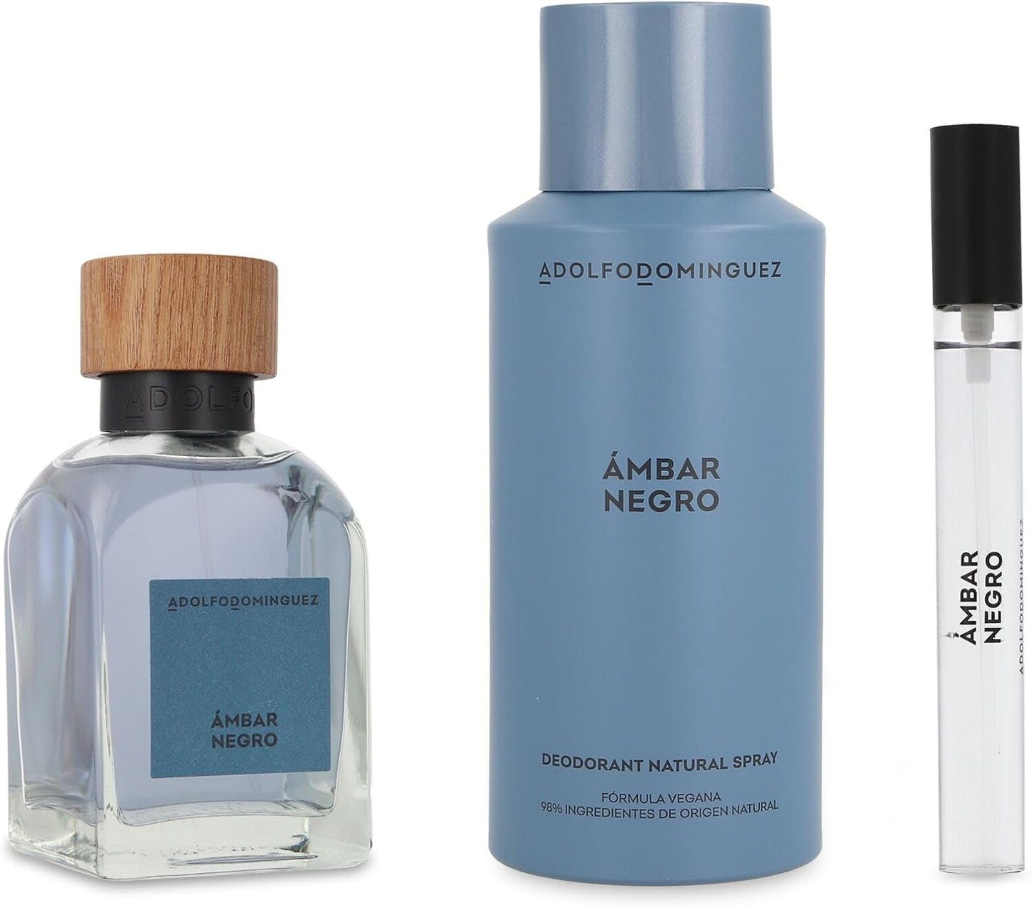 Set Ambar Negro Adolfo Dominguez 3 Pz - 120 ml Edp Spray / Desodorante 150 ml Spray / 10 ml Edp Spray - Hombre