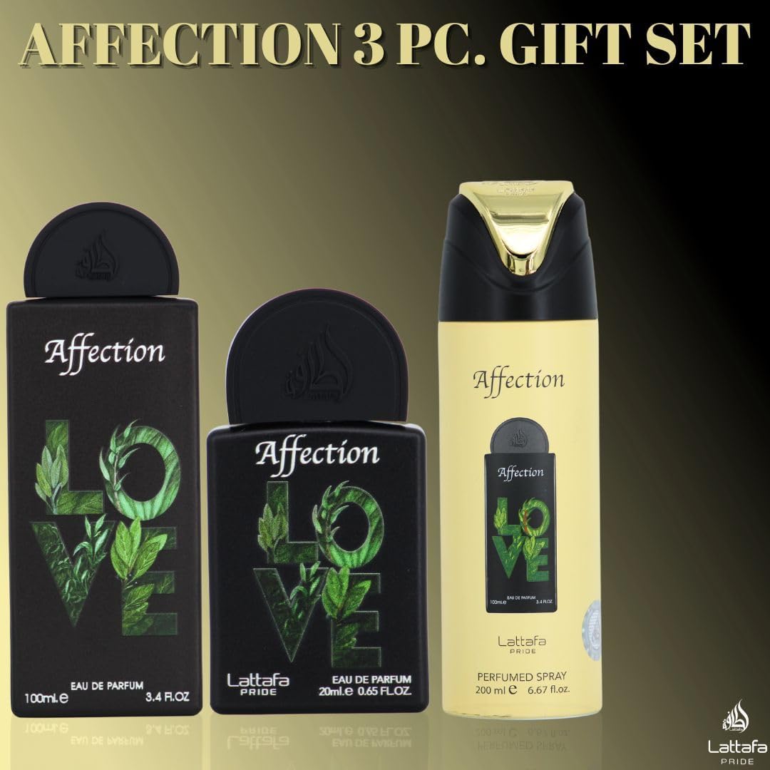 Set Lattafa Pride Affection 4Pzs 100Ml Edp Spray/ Desodorante Spray 200Ml/ 20Ml Edp Spray/ Perfumero Rellenable - Unisex