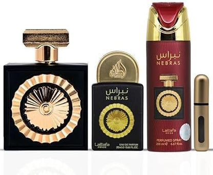 Set Lattafa Pride Nebras 4Pzs 100Ml Edp Spray/ Body Spray 200Ml/ 20Ml Edp Spray/ Perfumero Rellenable - Unisex