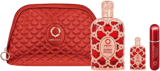 Set Orientica Luxury Collection Amber Rouge 4Pzs 80Ml Edp Spray/ Perfumero Rellenable / Bolso Pequeño/ 7.5Ml Edp