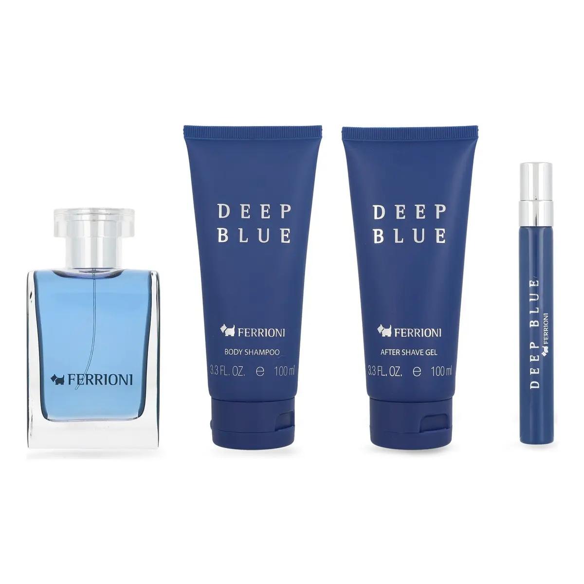 Set Ferrioni Deep Blue 4Pzs 100Ml Edt Spray/ Body Shampoo 100Ml/ After Shave 100Ml/ 10Ml Edt Spray - Hombre