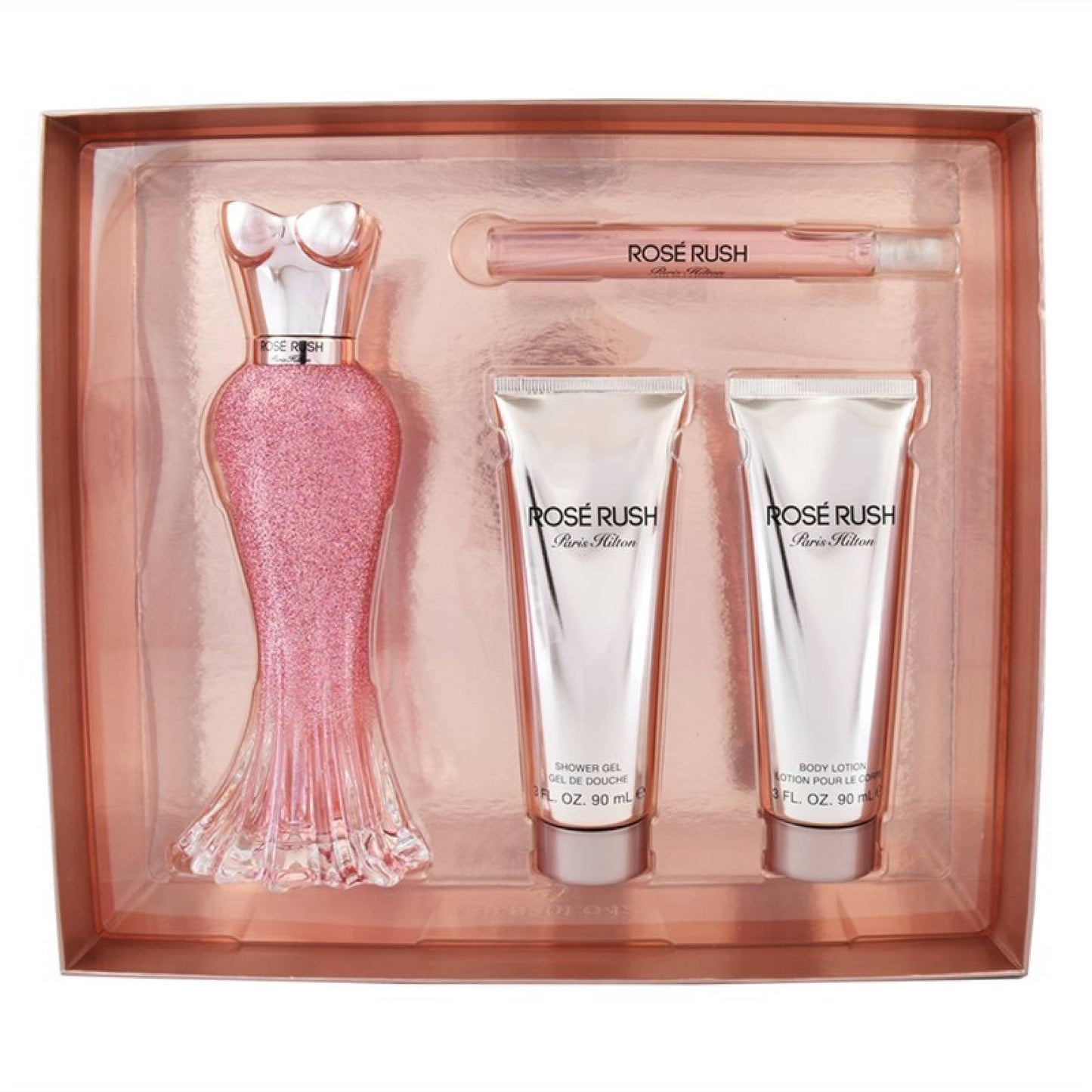 Set Paris Hilton Rose Rush 4Pzs 100Ml Edp Spray/ Body Lotion 90Ml/ Shower Gel 90Ml/ 10Ml Edp Spray Para Mujer