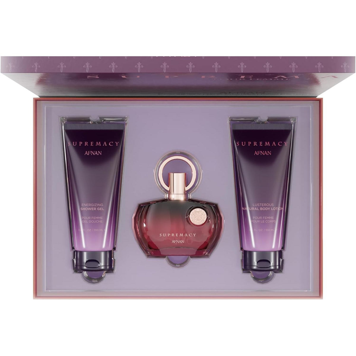 Set Afnan Supremacy Purple 3Pzs 100Ml Edp Spray/ Body Lotion 100Ml/ Shower Gel 100Ml - Mujer