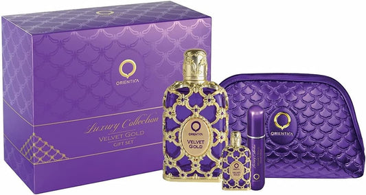 Set Orientica Luxury Collection Velvet Gold 4Pzs 80Ml Edp Spray/ Bolso Pequeño/ Perfumero Rellenable/ 10Ml Edp Spray