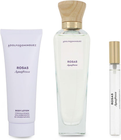Set Agua Fresca De Rosas 3Pzs 120Ml Edt Spray/ Body Lotion 75Ml/ 10Ml Edt Spray Adolfo Dominguez - Mujer