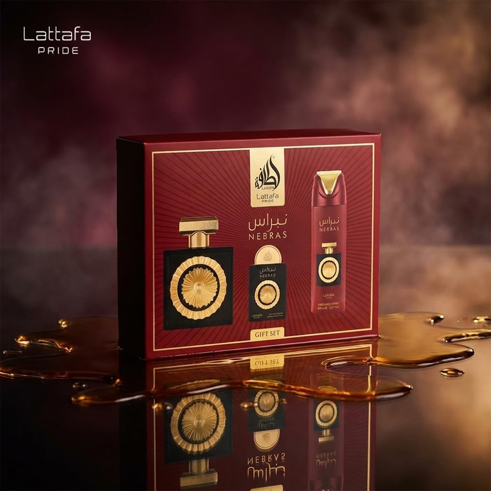Set Lattafa Pride Nebras 4Pzs 100Ml Edp Spray/ Body Spray 200Ml/ 20Ml Edp Spray/ Perfumero Rellenable - Unisex