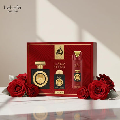 Set Lattafa Pride Nebras 4Pzs 100Ml Edp Spray/ Body Spray 200Ml/ 20Ml Edp Spray/ Perfumero Rellenable - Unisex