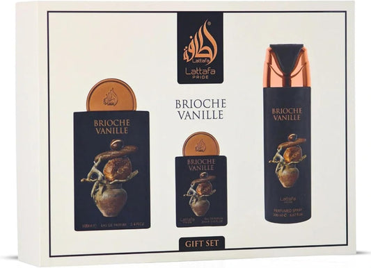 Set Lattafa Pride Brioche Vanille 4Pzs 100Ml Edp Spray/ Desodorante Spray 200Ml/ 20Ml Edp Spray/ Perfumero Rellenable - Unisex