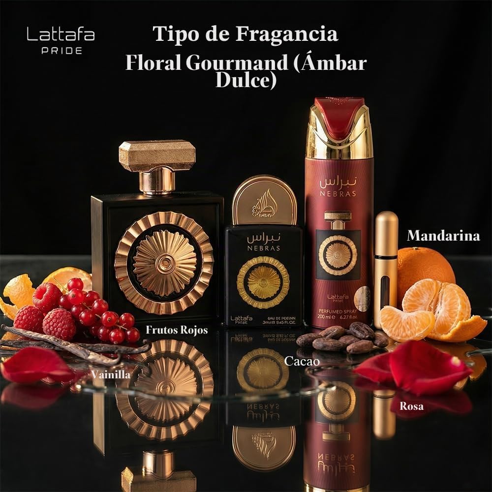 Set Lattafa Pride Nebras 4Pzs 100Ml Edp Spray/ Body Spray 200Ml/ 20Ml Edp Spray/ Perfumero Rellenable - Unisex