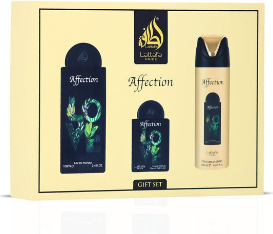 Set Lattafa Pride Affection 4Pzs 100Ml Edp Spray/ Desodorante Spray 200Ml/ 20Ml Edp Spray/ Perfumero Rellenable
