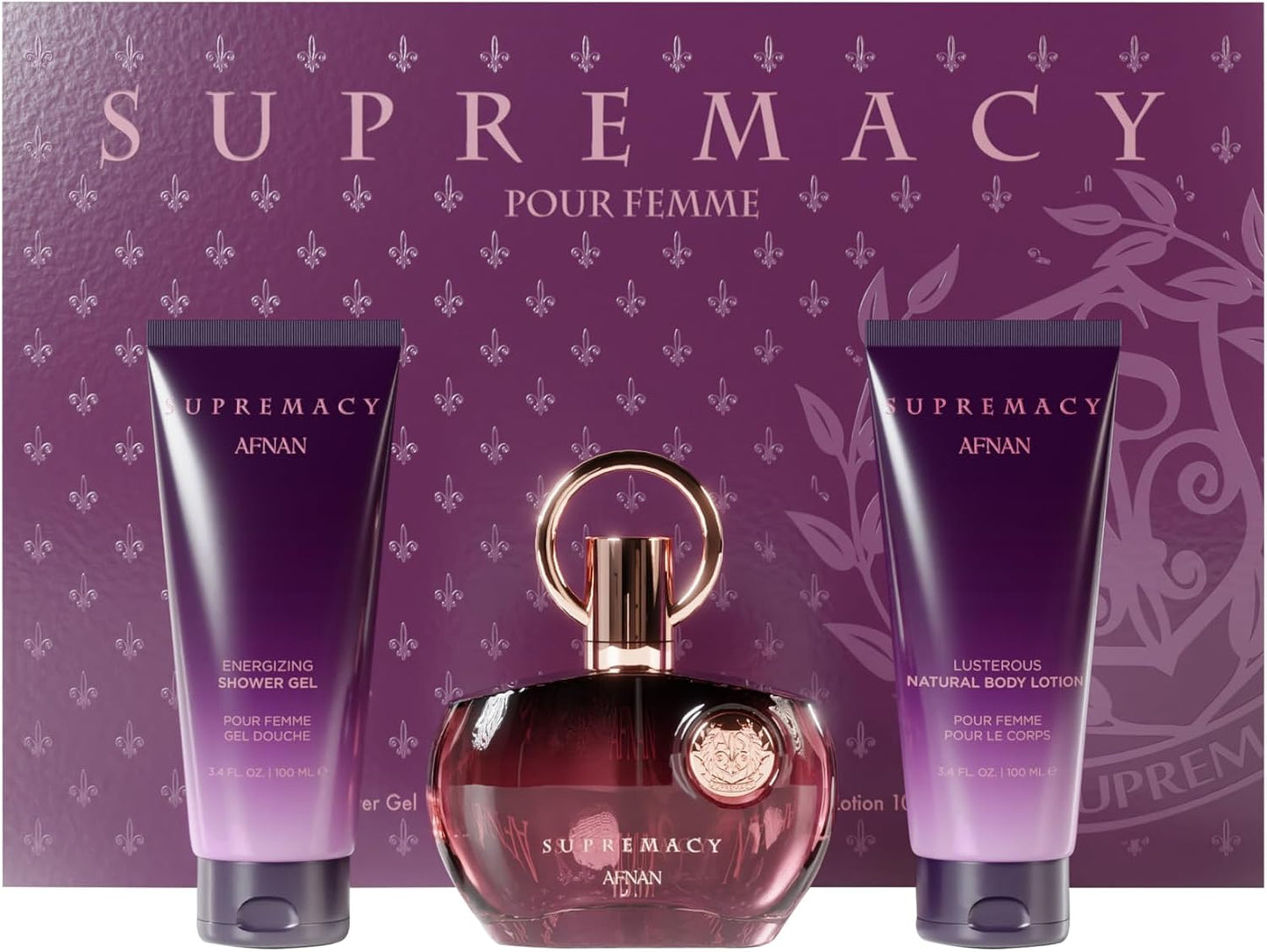 Set Afnan Supremacy Purple 3Pzs 100Ml Edp Spray/ Body Lotion 100Ml/ Shower Gel 100Ml - Mujer