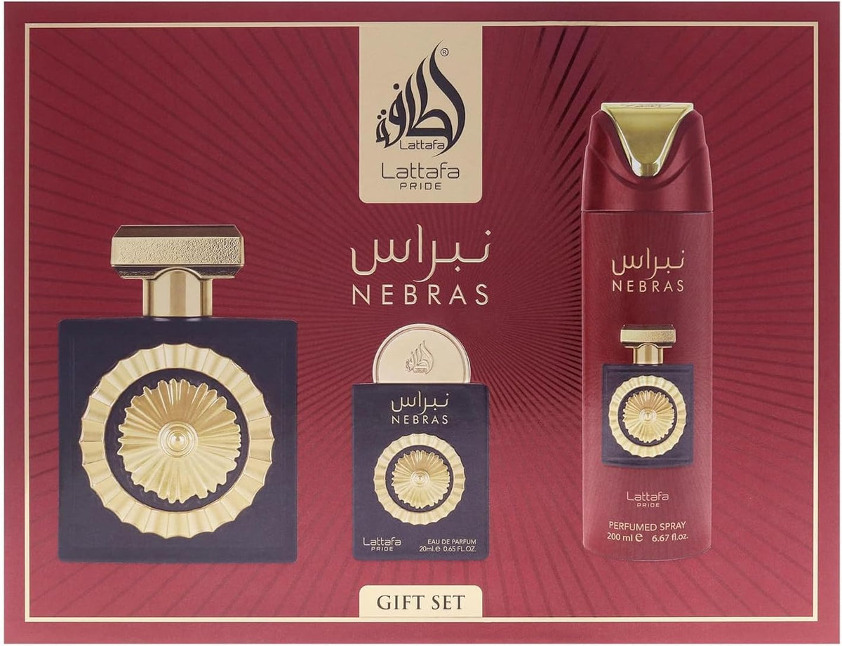 Set Lattafa Pride Nebras 4Pzs 100Ml Edp Spray/ Body Spray 200Ml/ 20Ml Edp Spray/ Perfumero Rellenable - Unisex