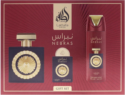 Set Lattafa Pride Nebras 4Pzs 100Ml Edp Spray/ Body Spray 200Ml/ 20Ml Edp Spray/ Perfumero Rellenable - Unisex