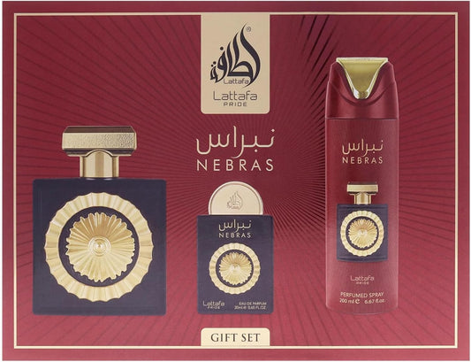 Set Lattafa Pride Nebras 4Pzs 100Ml Edp Spray/ Body Spray 200Ml/ 20Ml Edp Spray/ Perfumero Rellenable - Unisex