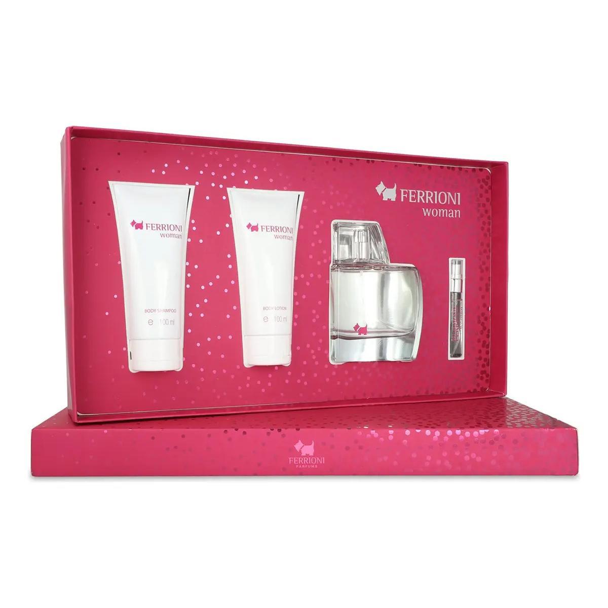 Set Ferrioni Woman 4Pzs 100Ml Edp Spray/ Body Lotion 100Ml/ Body Shampoo 100Ml/ 10Ml Edp Spray - Mujer