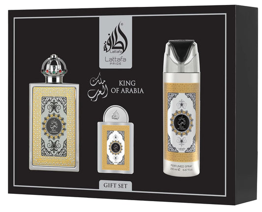 Lattafa Set Lattafa Pride King Of Arabia 4Pzs 100Ml Edp Spray/ Desodorante Spray 200Ml/ 20Ml Edp Spray/ Perfumero Rellenable - Hombre