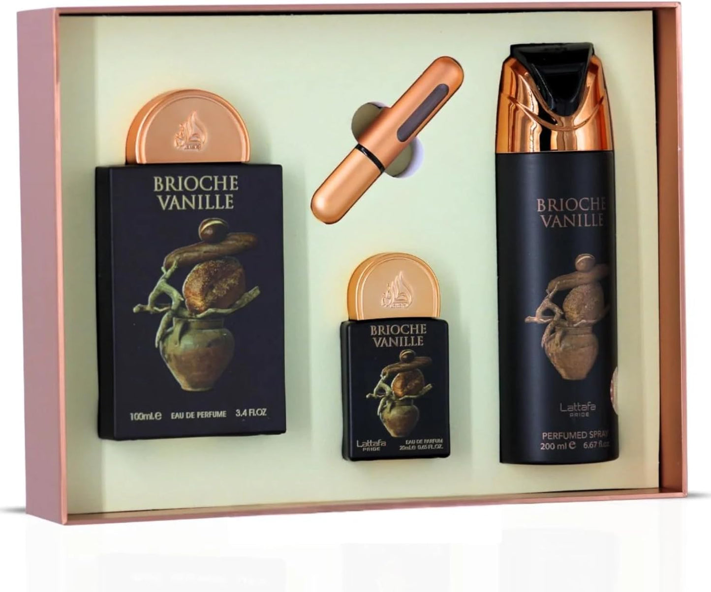 Set Lattafa Pride Brioche Vanille 4Pzs 100Ml Edp Spray/ Desodorante Spray 200Ml/ 20Ml Edp Spray/ Perfumero Rellenable - Unisex
