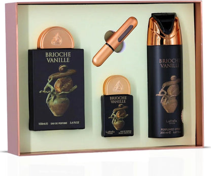 Set Lattafa Pride Brioche Vanille 4Pzs 100Ml Edp Spray/ Desodorante Spray 200Ml/ 20Ml Edp Spray/ Perfumero Rellenable - Unisex