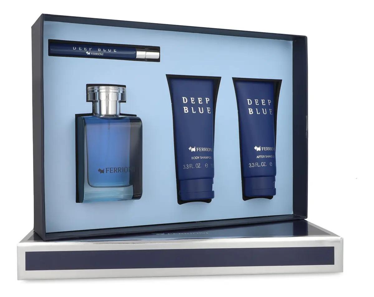 Set Ferrioni Deep Blue 4Pzs 100Ml Edt Spray/ Body Shampoo 100Ml/ After Shave 100Ml/ 10Ml Edt Spray - Hombre