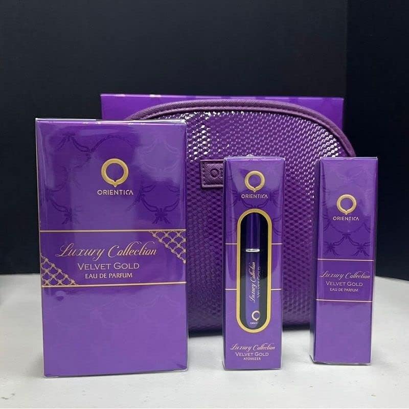 Set Orientica Luxury Collection Velvet Gold 4Pzs 80Ml Edp Spray/ Bolso Pequeño/ Perfumero Rellenable/ 10Ml Edp Spray - Unsex