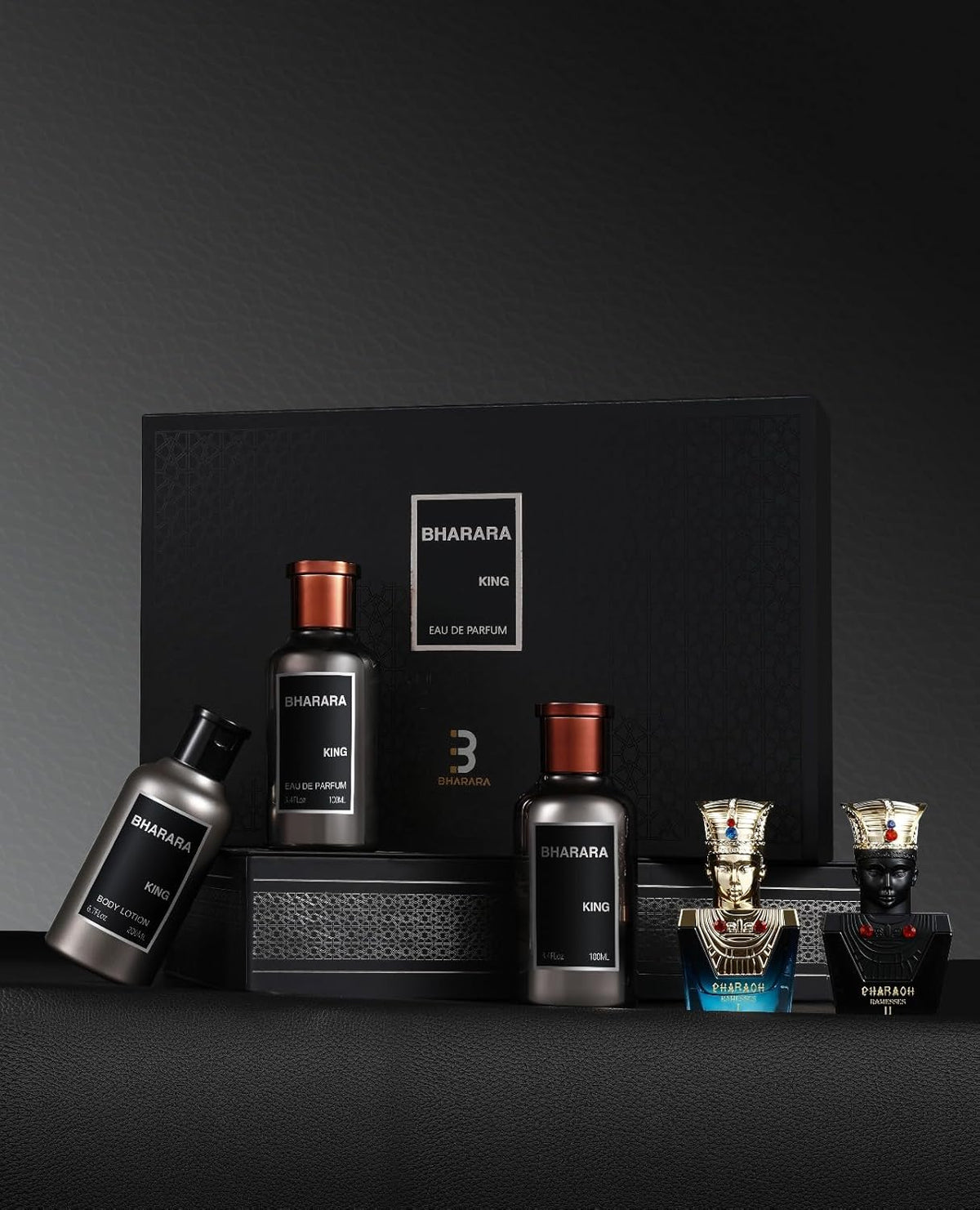 Bharara Set King 5Pzs 100Ml Edp Spray/ Body Lotion 200Ml/ After Shave 100Ml/ Pharaoh Ramesses I 15Ml Parfum Spray/ Pharaoh Ramesses Ii 15Ml Parfum - Hombre