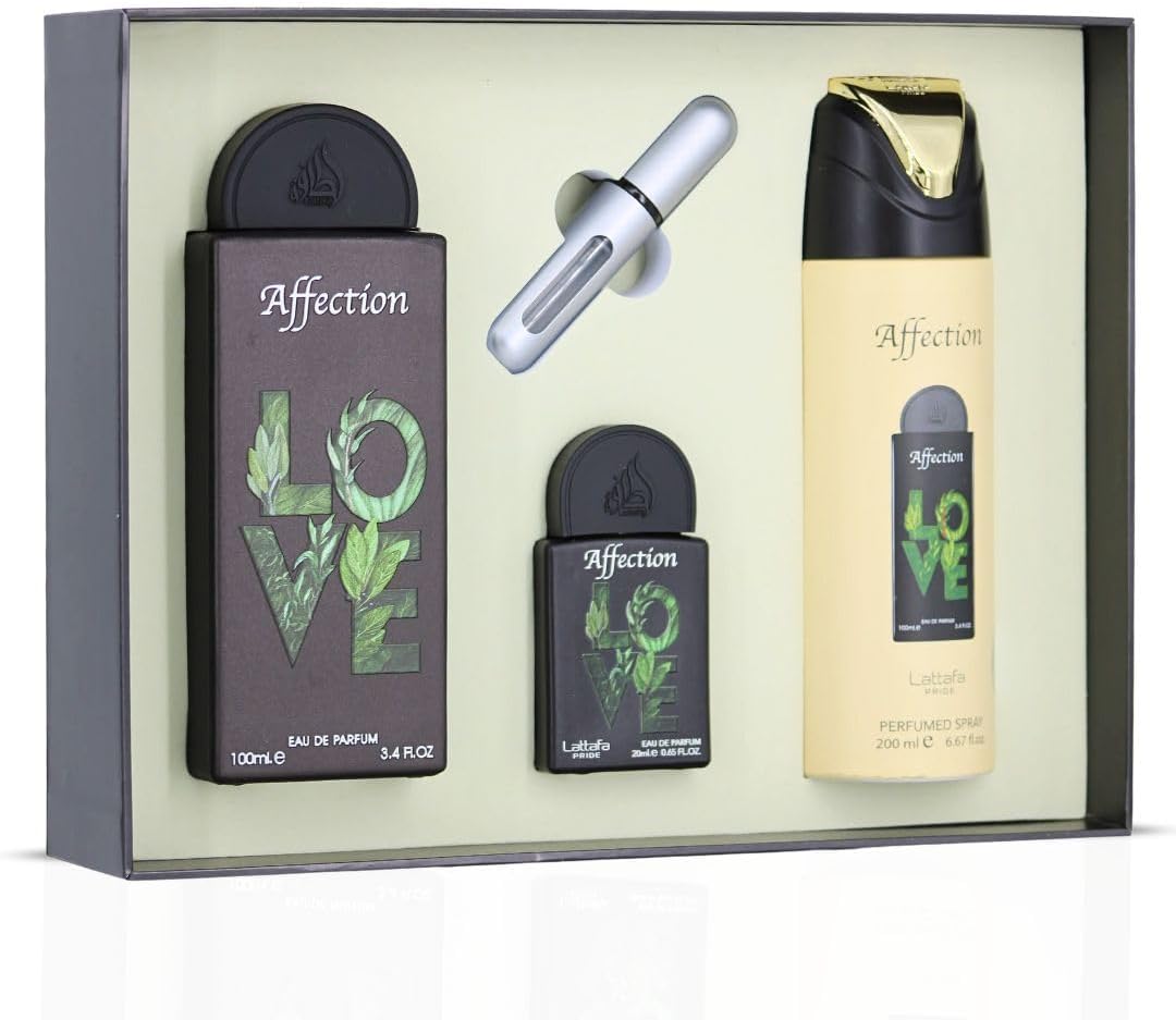 Set Lattafa Pride Affection 4Pzs 100Ml Edp Spray/ Desodorante Spray 200Ml/ 20Ml Edp Spray/ Perfumero Rellenable - Unisex