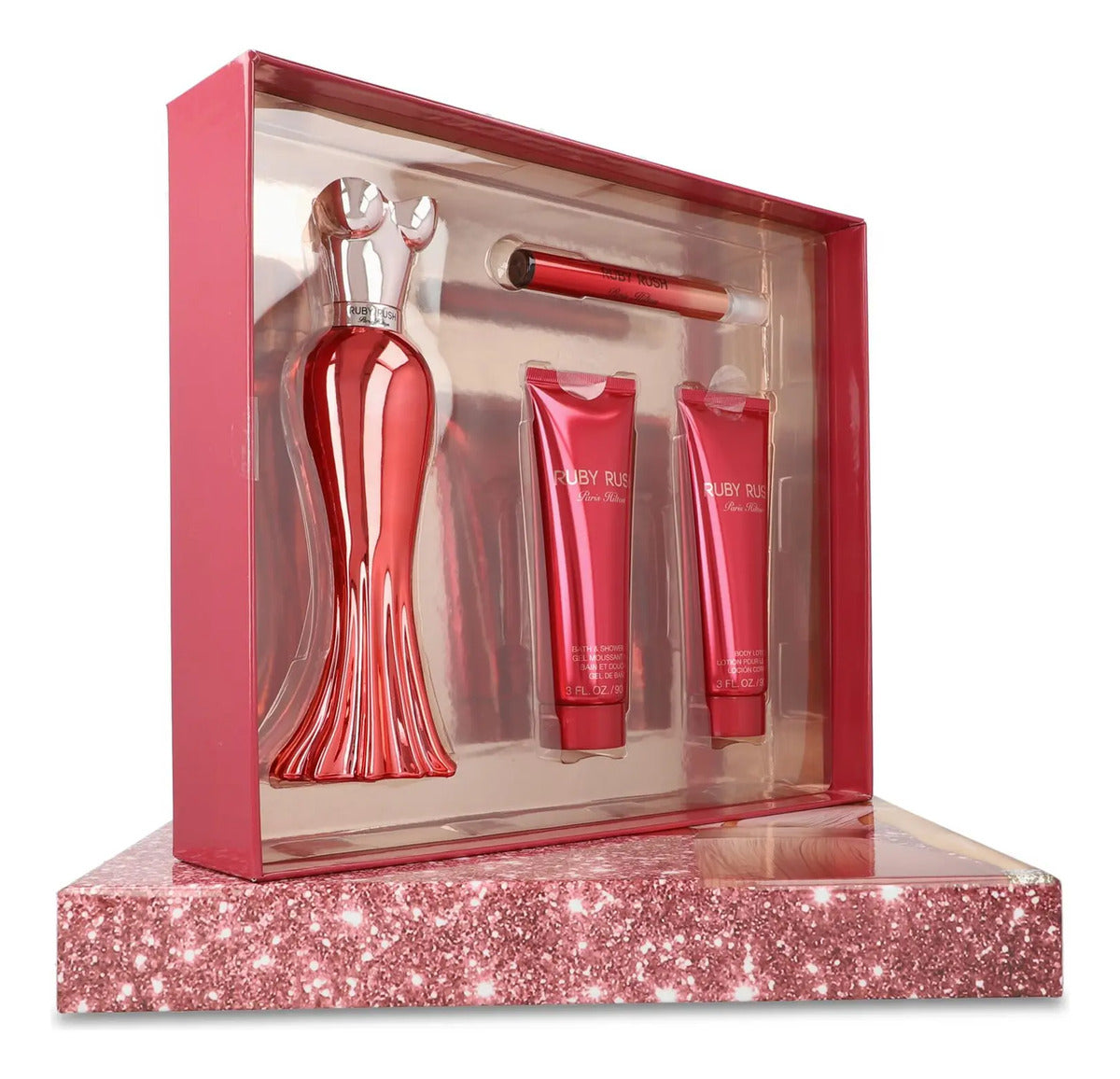Set Paris Hilton Ruby Rush 4Pzs 100Ml Edp Spray/ Body Lotion 90Ml/ Shower Gel 90Ml/ 10Ml Edp Spray - Mujer