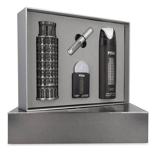 Lattafa Set Lattafa Pride Pisa 4Pzs 100Ml Edp Spray/ Desodorante Spray 200Ml/ 20Ml Edp Spray/ Perfumero Rellenable - Hombre