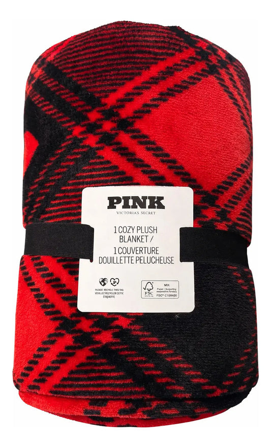 Cobija Pink Victoria's Secret Suave Borrega Cuadros Rojo/Negro