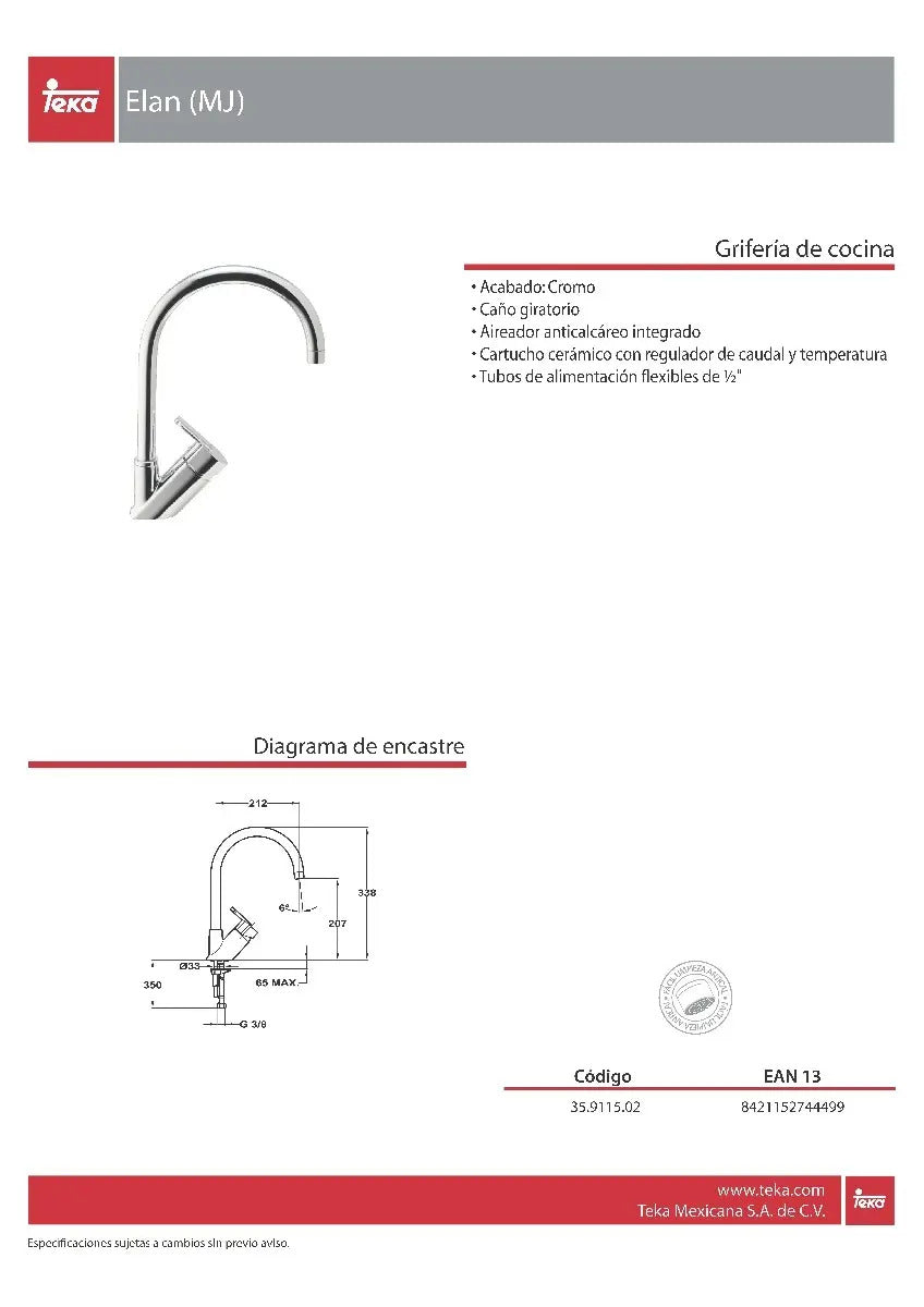 Grifo Teka Cocina Elan (Mj) Cromo Alto 35.9115.02
